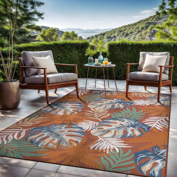 Jungle Orange 6 ft. x 9 ft. Washable Tropical Floral Indoor Outdoor Area Rug