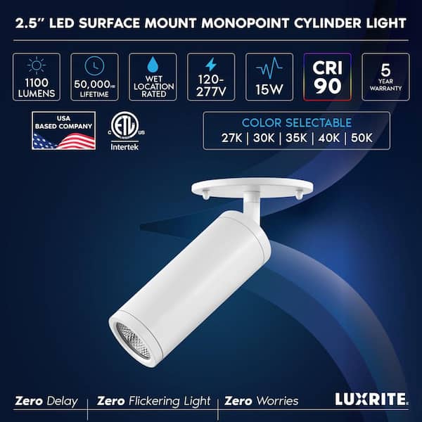2.5 In. 1 Light White Cylinder Integrated LED Hardwired Adjustable Spotlight 5CCT, 1100LM, 15W Dimmable ETL Listed White