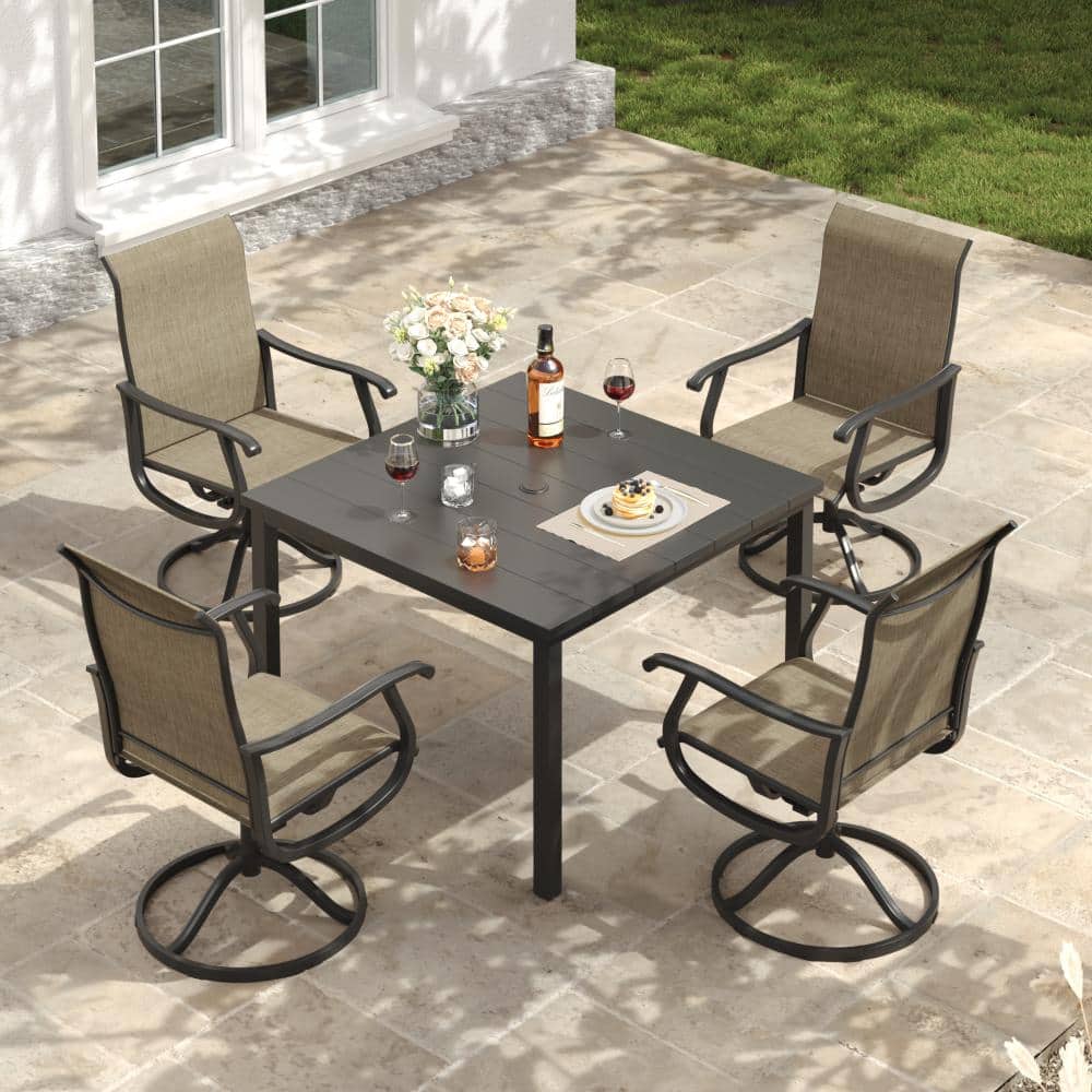 5-Piece Metal Outdoor Patio Dining Set with Square Table and High Back Padded Textilene Swivel Chairs in Brown price history on PriceWatchPro