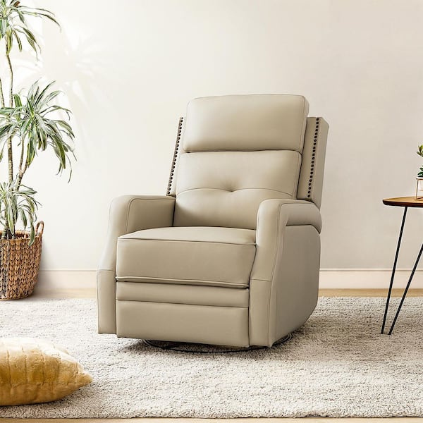 Ifigenia 28.74" Wide Beige Genuine Leather Swivel Rocker Recliner with Tufted Back