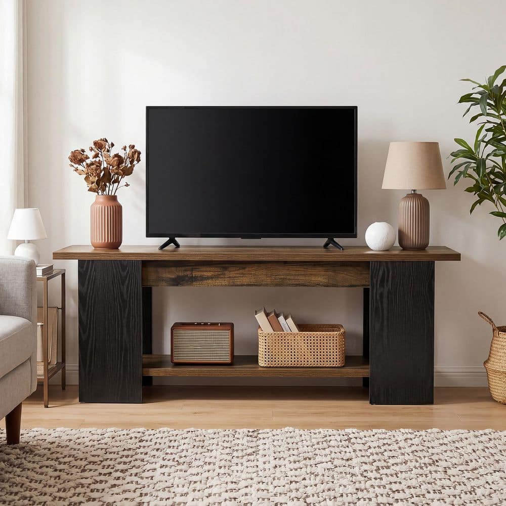 BYBLIGHT Ezlynn 63 in. Brown TV Stand Wood Entertainment Center