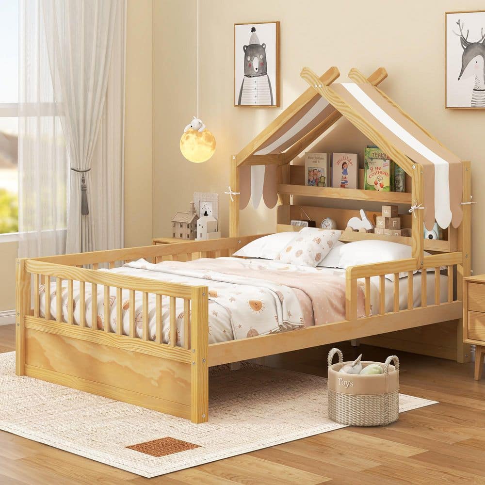 Leopold Kids House Bed with Roof Design, Storage Headboard Shelf Natural Yellow Wood Frame Twin Size Platform Bed price history on PriceWatchPro