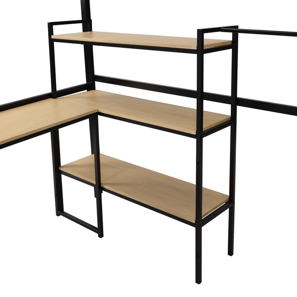 Full Size Black Metal Loft Bed with Desk and Storage Shelves