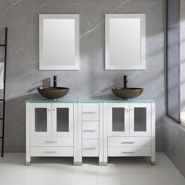 60.62 in. Double Foil Laminated Tempered Glass Black Sinks Freestanding White Bath Vanity with Green Tempered Glass Top