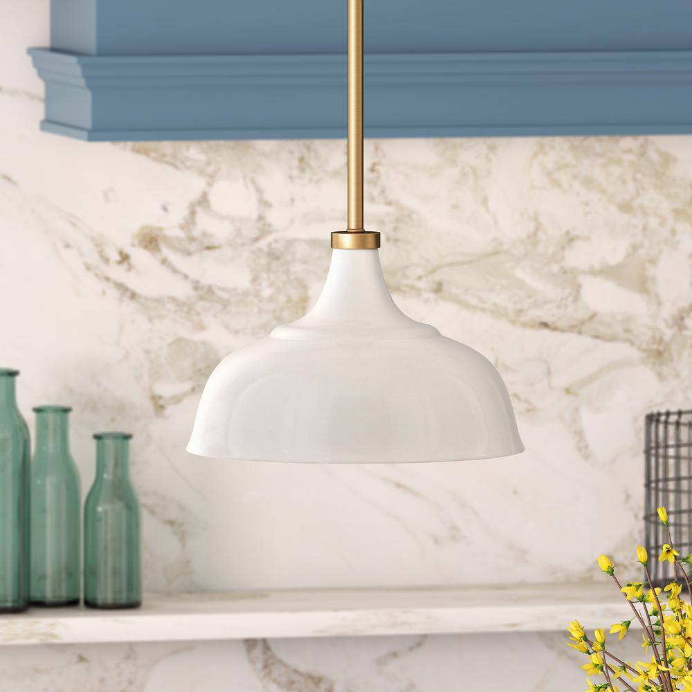 Pearled White and Brass Metal 10.75" Industrial Pendant Light
