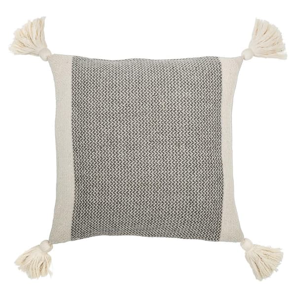 Storied Home Grey and Cream Square Cotton 18 in. x 18 in. Blend Pillow with Corner Tassels