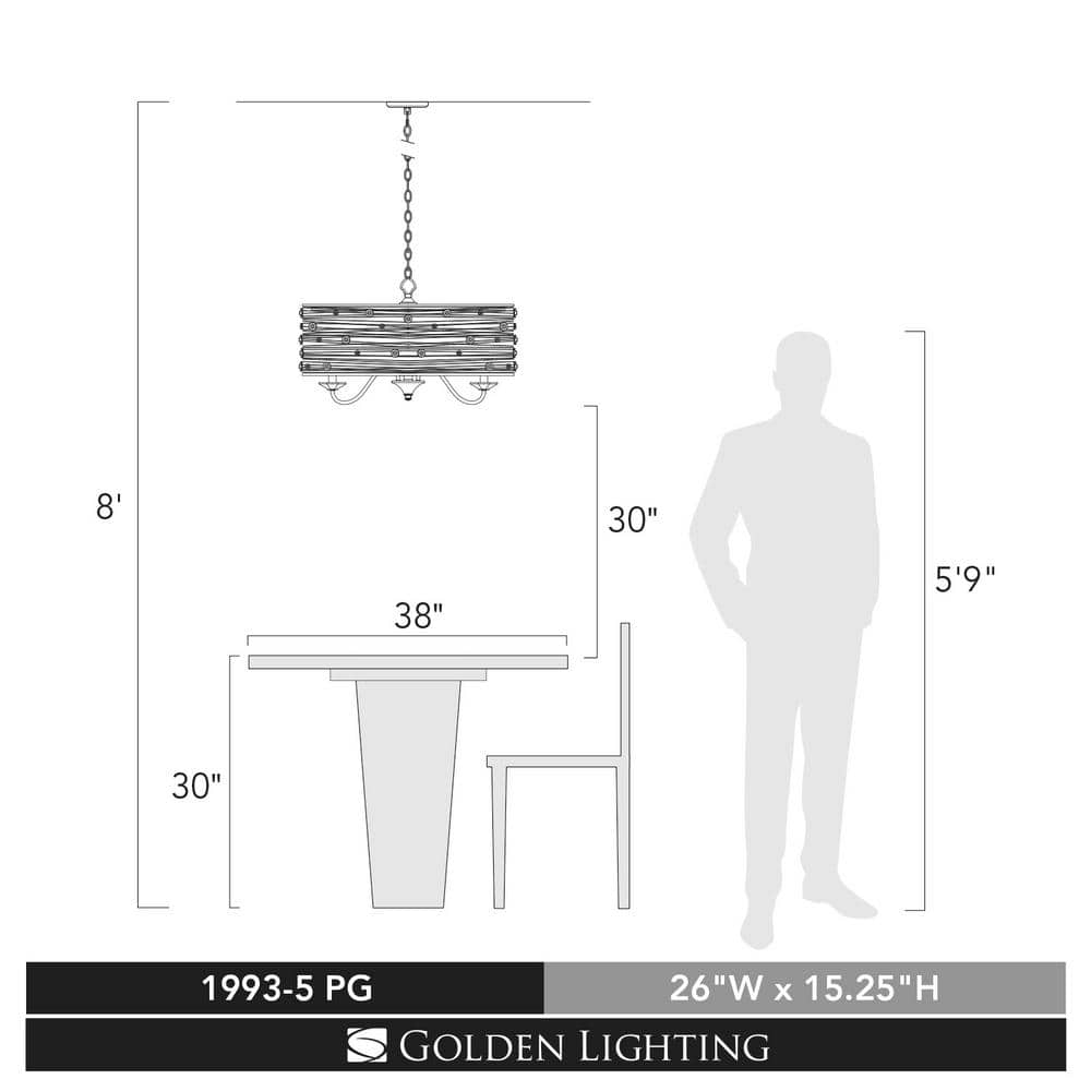 Elegant Peruvian Gold 5-Light Chandelier with Crystal Accents and Sheer Shade
