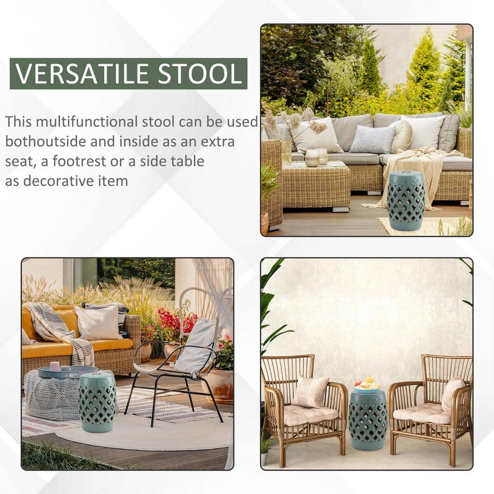 Blue Ceramic Garden Stool with Woven Lattice Design