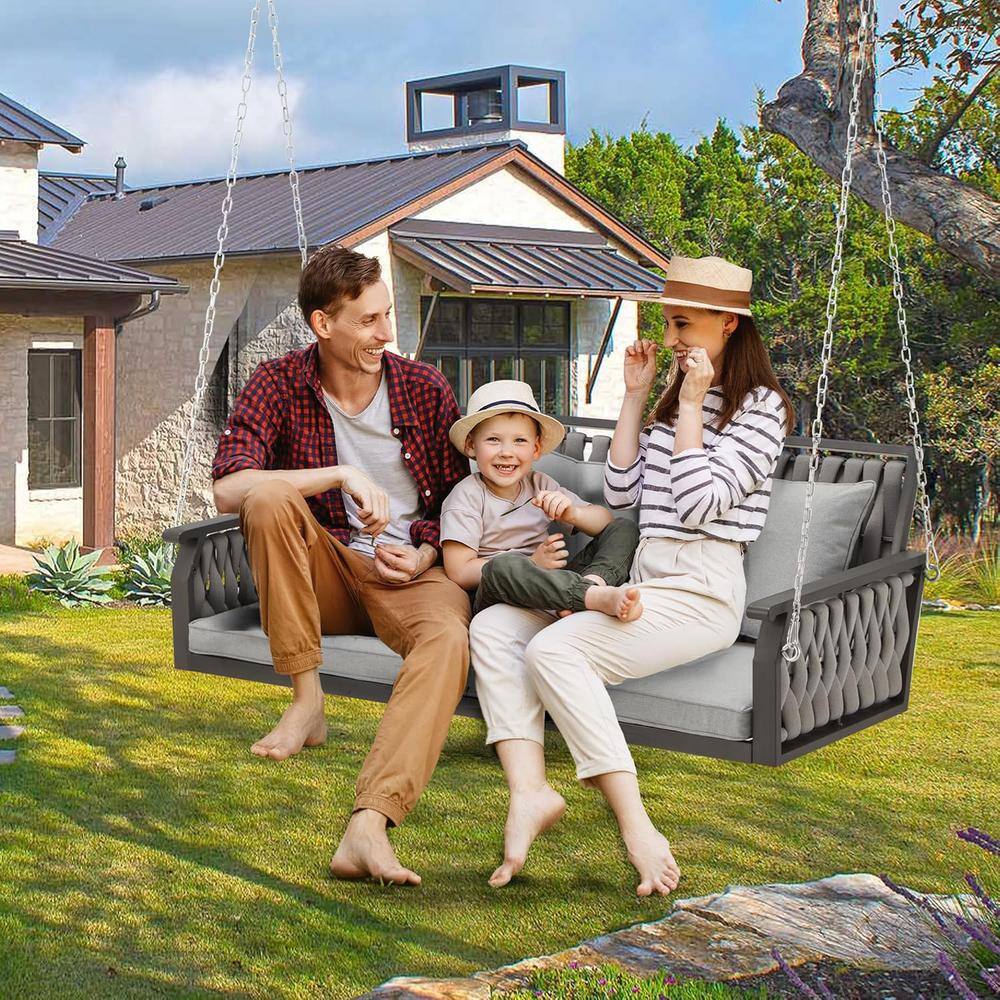 Gray Composite 3-Seat Porch Swing with Cushions and Chains