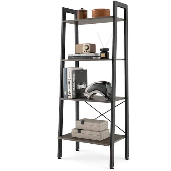 54.5 in. Tall Oak Gray Metal 4-Shelf Bookcase Industrial Display Storage Shelf Plant Flower Stand