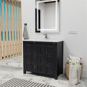 36 in. W x 18 in. D x 34 in. H Espresso Freestanding Bathroom Vanity in Black with Concealed handle and White Resin Top