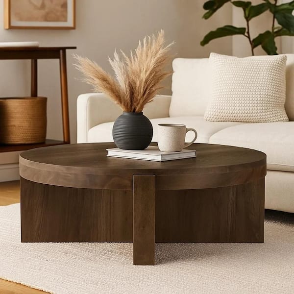 Kinaj Cocktail 38 in. Brown Round Solid Mango Wood Coffee Table with Four Leg