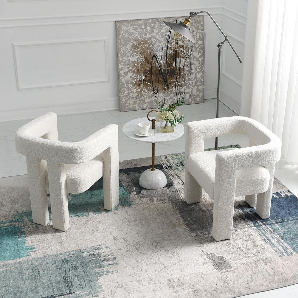 Beige Boucle Upholstered Square Arm Accent Chairs, Set of 2