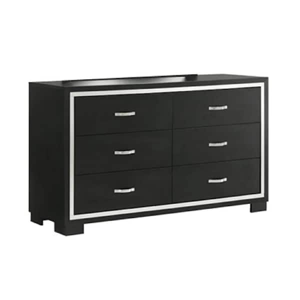 Benjara Geny Black and Silver 6 drawer 58.4 in. Dresser with Mirror BM338466