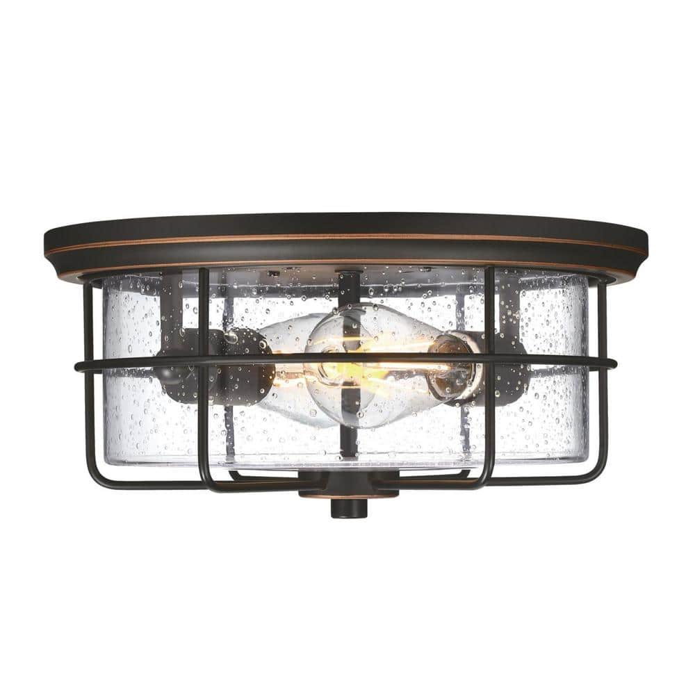 Rosella Black-Bronze 2-Light Outdoor Flush Mount with Seeded Glass