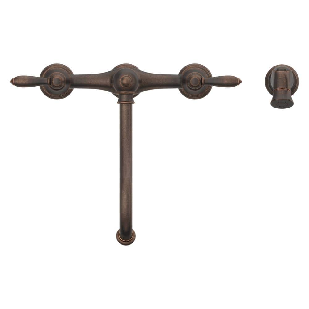 Rustic Bronze Double Handle Bridge Kitchen Faucet with Side Sprayer