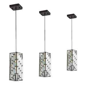 1-Light Black Hanging Pendant Light Fixture with Crystal Prism Shade(3-Pack)