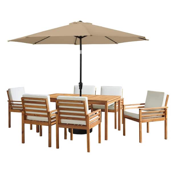 Alaterre Furniture 8-Piece Set, Okemo Wood Outdoor Dining Table Set with 6 Cushioned Chairs, 10 ft. Auto Tilt Umbrella Sand