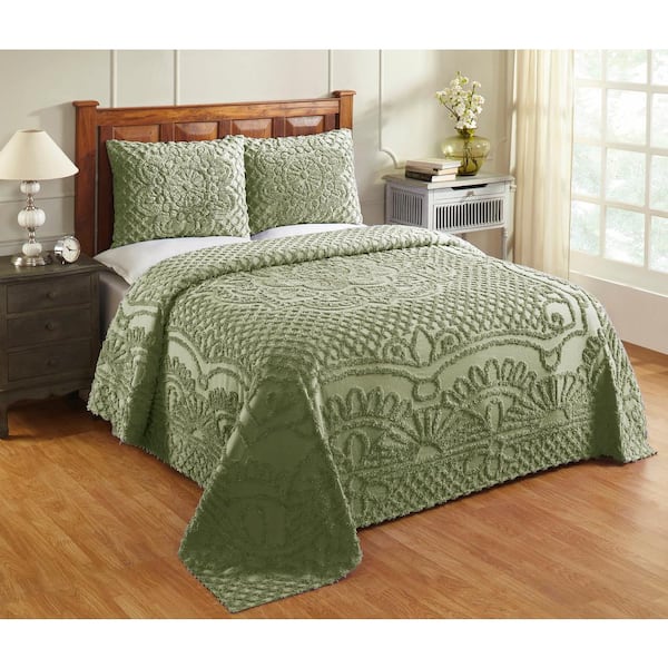 Better Trends Trevor Collection in Geometric Design Sage Full/Double 100% Cotton Tufted Chenille Bedspread Set