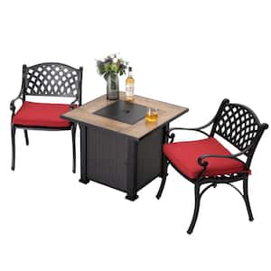3-Piece Fire Pit Table Seating Set Aluminum Conversation Set with Red Cushions