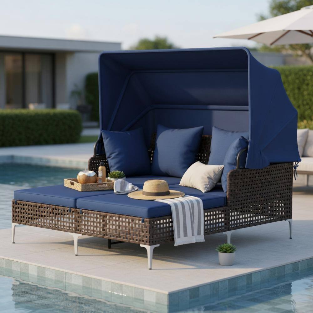 Outdoor Daybed with Retractable Canopy PE Wicker Rattan Patio Lounger-Navy