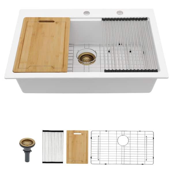 Drop-in 33 in. Single Bowl White Quartz Composite Workstation Kitchen Sink with Strainer