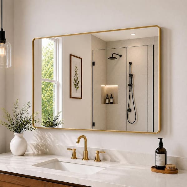 Cosy 48 in. W x 36 in. H Rectangular Framed Wall Bathroom Vanity Mirror in Brushed Gold