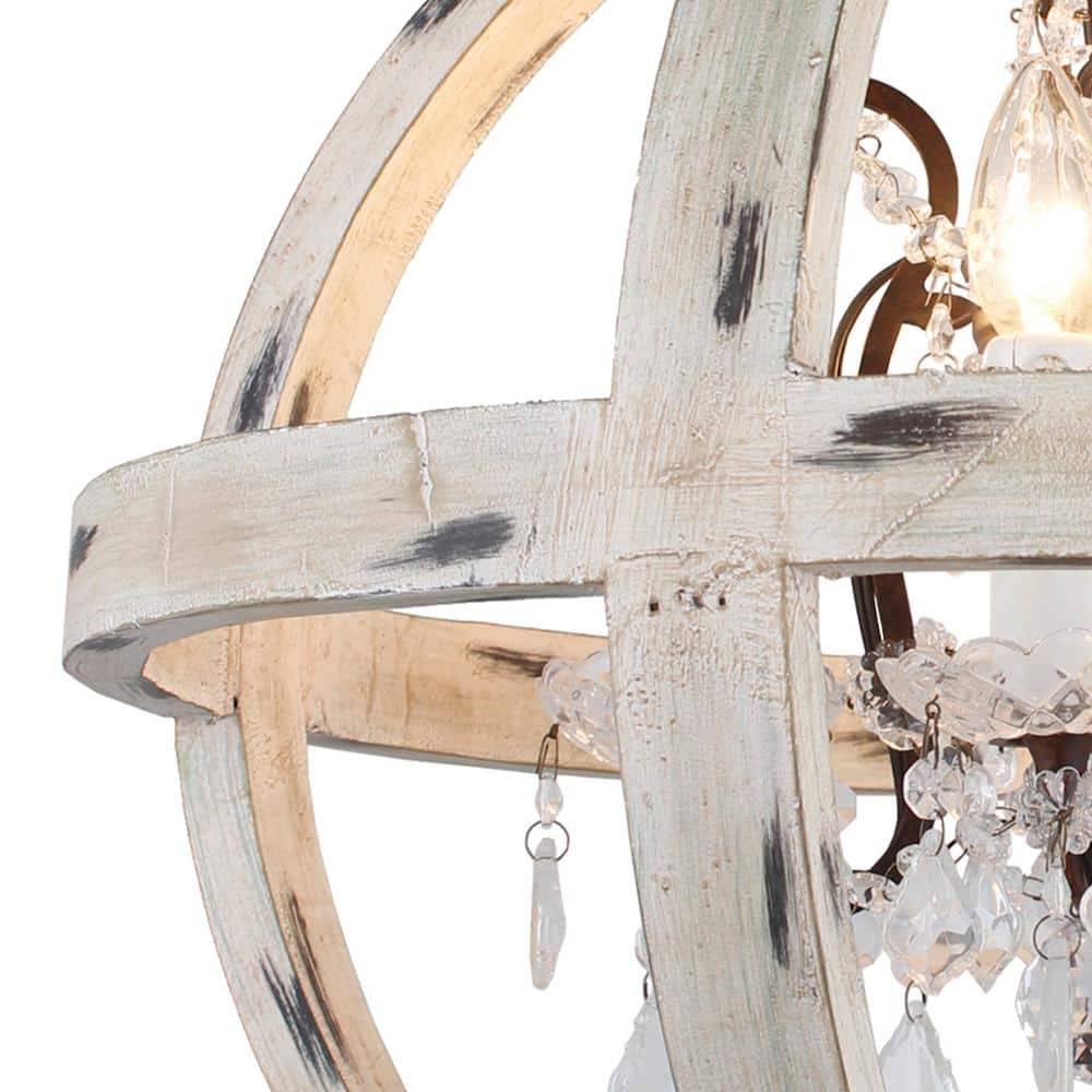 Withered White Wood and Crystal Candle Style Globe Chandelier