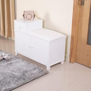 23.62 in. H x 31.50 in. W White Wood Shoe Storage Bench, Shoe Ottoman Cabinet with Drawer and Cushion