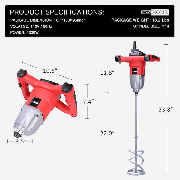 Adjustable Speed Electric Plaster Paddle Mixer Drill Mortar Cement Paint  Stirrer