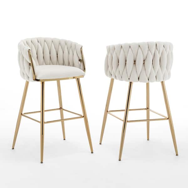 Best Quality Furniture Ness Cream Boucle Teddy Fabric Bar Stool Set of 2 With Gold Chrome Plated Legs