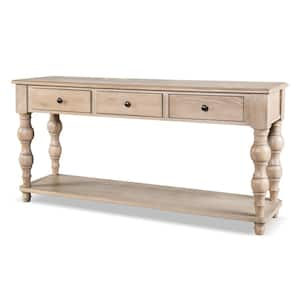 Carrin 64 in. Farmhouse Legs Rectangle Light Washed White Wood Sofa Console Table with 3-Drawers