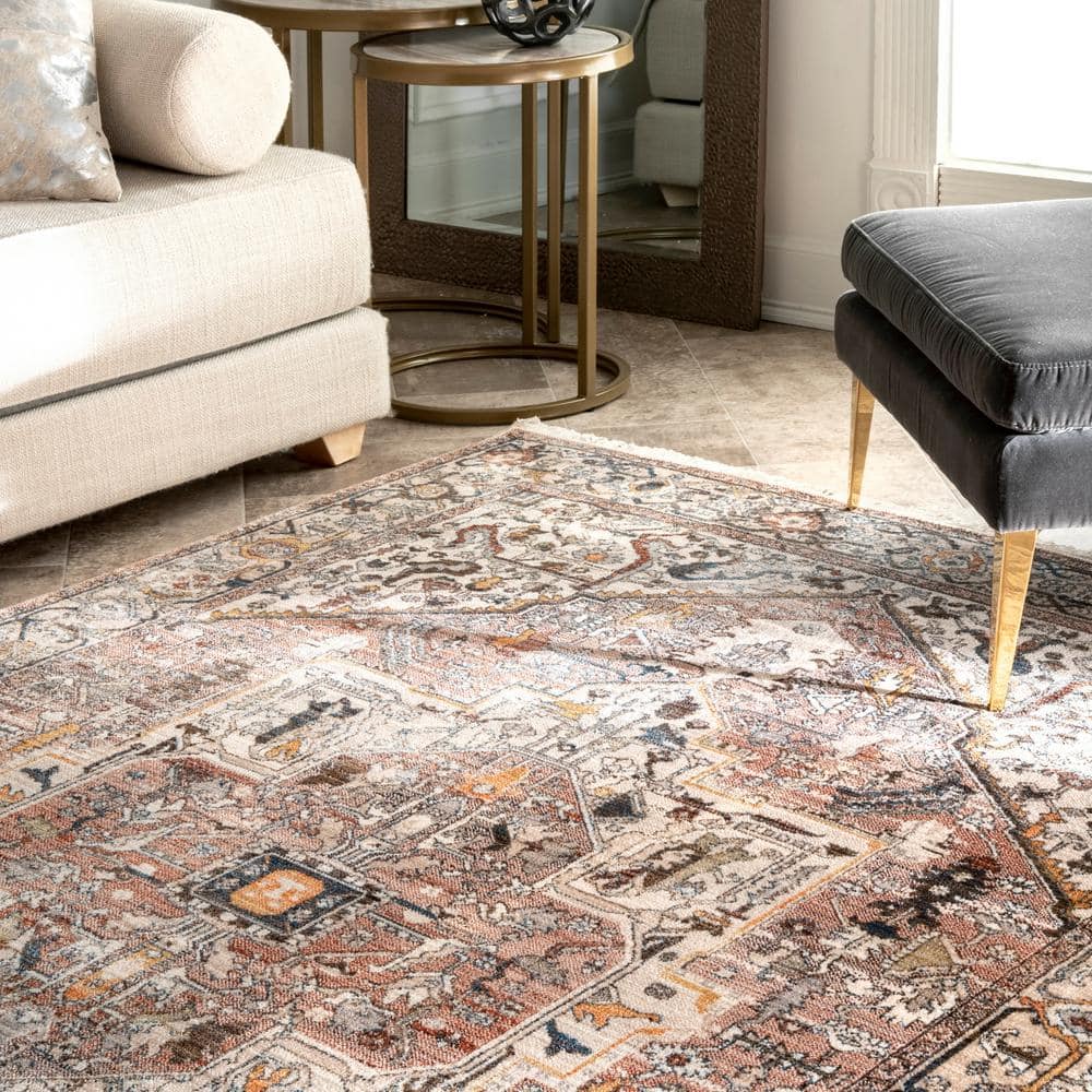 Elegant Light Brown Medallion 5' x 7' Synthetic Area Rug