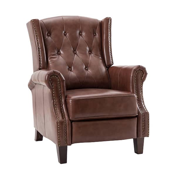JAYDEN CREATION Cilla Genuine Leather Brown Manual Recliner with Wooden Legs