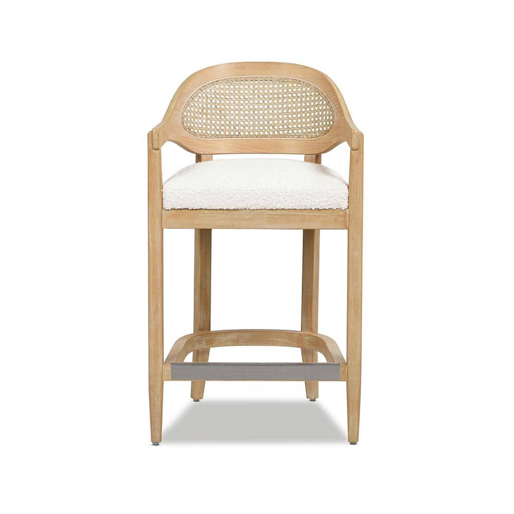 Ivory White Bouclé 26" Cane Back Counter Stool with Oak Frame