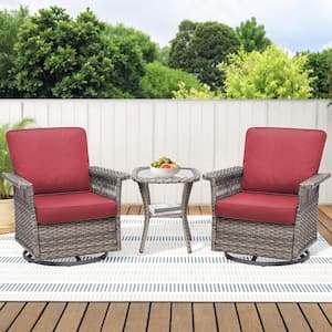 Nyajiah 3-Piece Wicker Outdoor Rocking Chair Patio Swivel Lounge Chair Set with Red Cushions