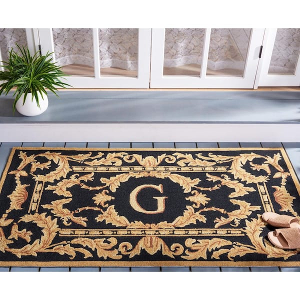 Monogram Black 3 ft. x 6 ft. "G" Ornate Leaf Indoor/Outdoor Area Rug