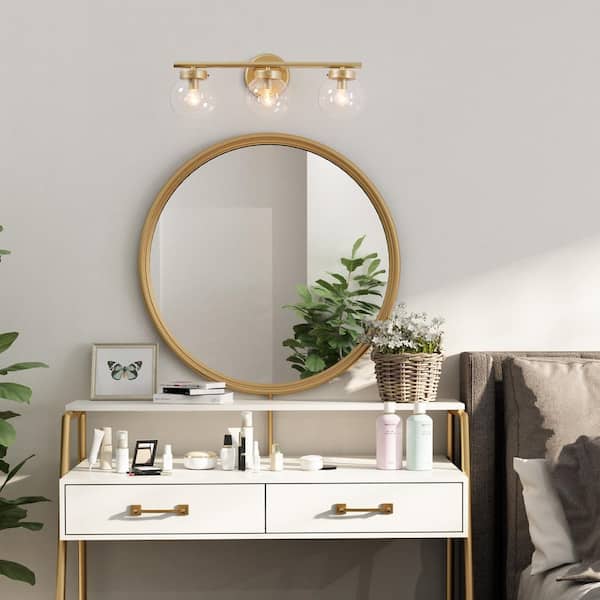 Modern Gold Bathroom Vanity Light, 3-Light Farmhouse Powder Room Globe Vanity Wall Light with Clear Glass Shades