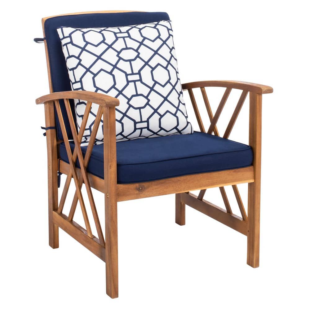 Fontana Natural Acacia Wood 4-Piece Patio Conversation Set with Navy Cushions
