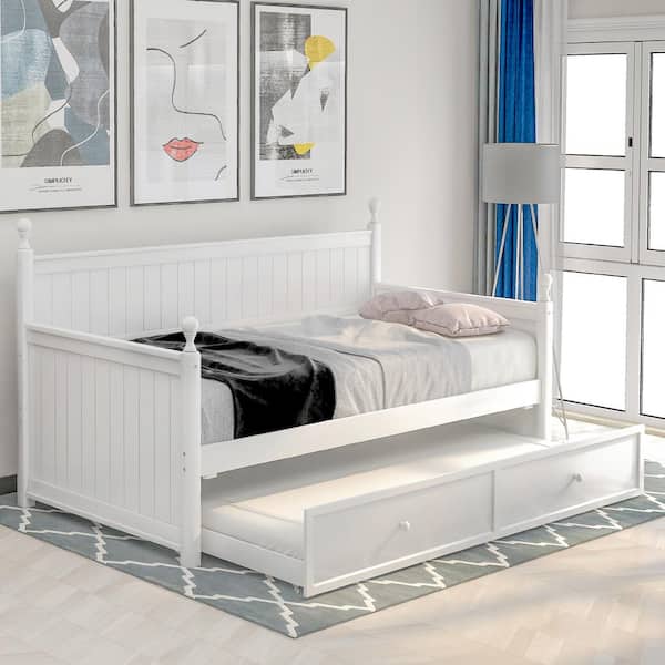 Harper & Bright Designs White Twin XL Wood Daybed with 2 Trundles, 3  Storage Cubbies, 1 Light for Free and USB Charging Design QHS139AAK - The  Home Depot