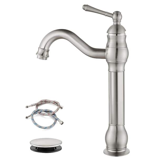 BYH build your home Single-Handle Single Hole Swivel Spout Bathroom Vessel Sink Faucet With Pop-up Drain Assembly in Brushed Nickel