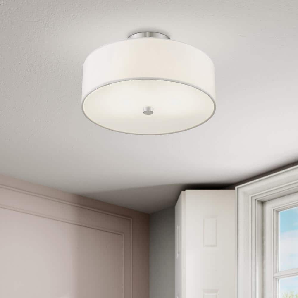 Elegant Brushed Nickel Semi-Flush Drum Light with Off-White Shade