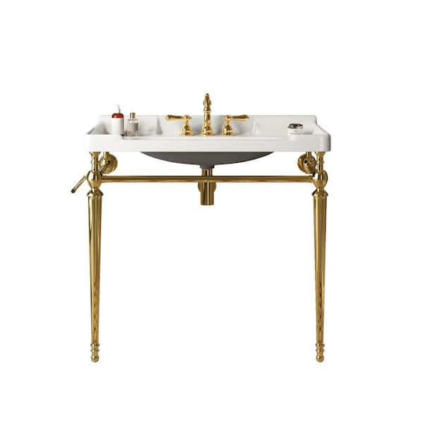 Modern 36 in. Ceramic Console Sink with Stainless Steel in Golden Legs White Basin