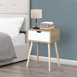 15.7 in. White Wood Side Table with 1 Drawer, Rubber Wood Legs, Mid-Century Living room End Table Nightstand for Bedroom