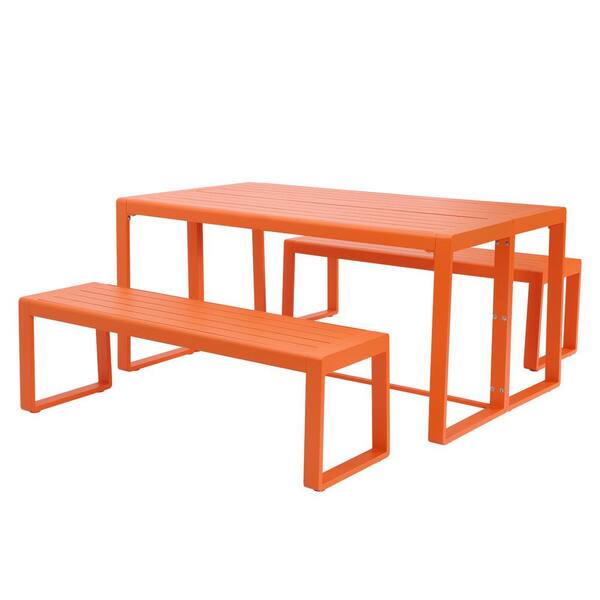 Aoodor 37 in. Orange Rectangle Aluminum Patio Picnic Tables with Bench Seats 6-People