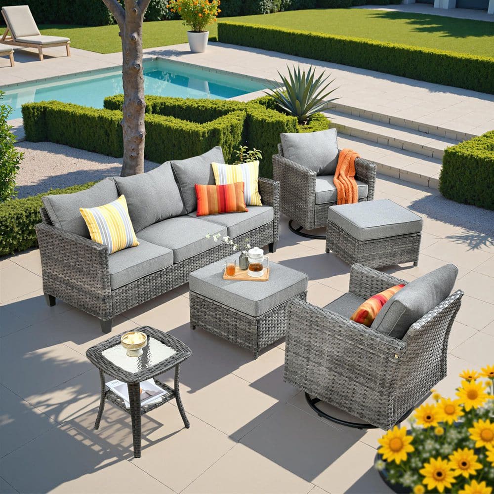 Camden 7-Piece Gray Wicker Patio Conversation Set Outdoor Patio Furniture with Dark Gray Cushion and Swivel Chair price history on PriceWatchPro