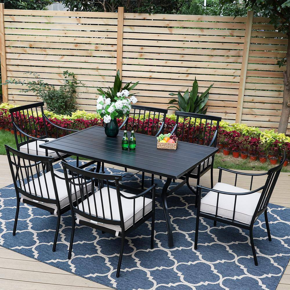 PHI VILLA Black 7-Piece Metal Patio Outdoor Dining Set with Slat Table ...