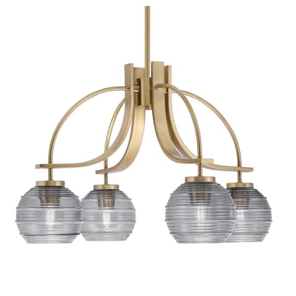 Unbranded Olympia 14.75 in. 4-Light New Age Brass Downlight Chandelier Smoke Ribbed Glass Shade