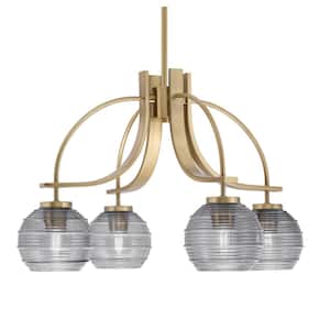 Olympia 14.75 in. 4-Light New Age Brass Downlight Chandelier Smoke Ribbed Glass Shade