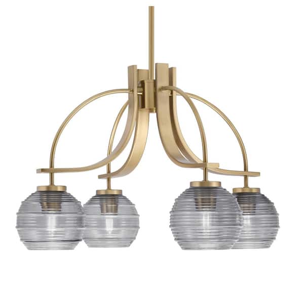 Lighting Theory Olympia 14.75 in. 4-Light New Age Brass Downlight Chandelier Smoke Ribbed Glass Shade